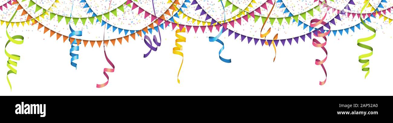 Illustrazione vettoriale di seamless coriandoli colorati, ghirlande e streamers su sfondo bianco per party o utilizzo di carnevale Illustrazione Vettoriale