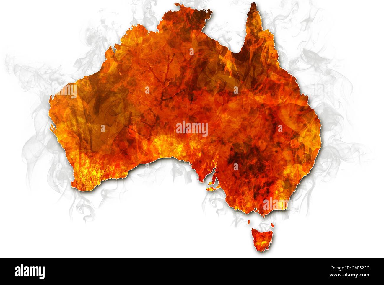 Australia bushfires Mappa. Conceptual: salvare Australian wildlife, il riscaldamento globale, disastri naturali, il cambiamento climatico isolati su sfondo bianco. Foto Stock