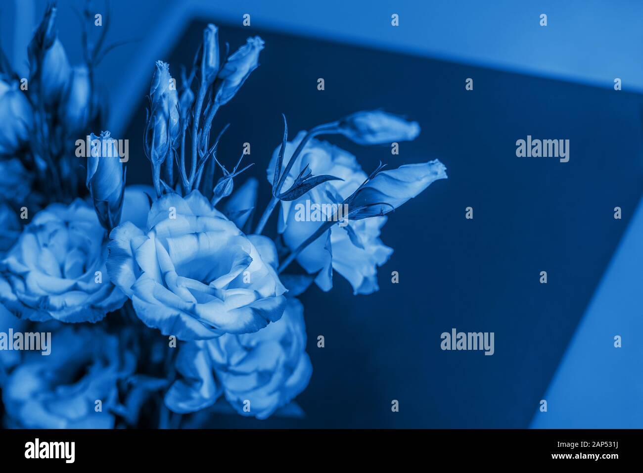 Bouquet di fiori e la tessera di colore blu. Foto Stock