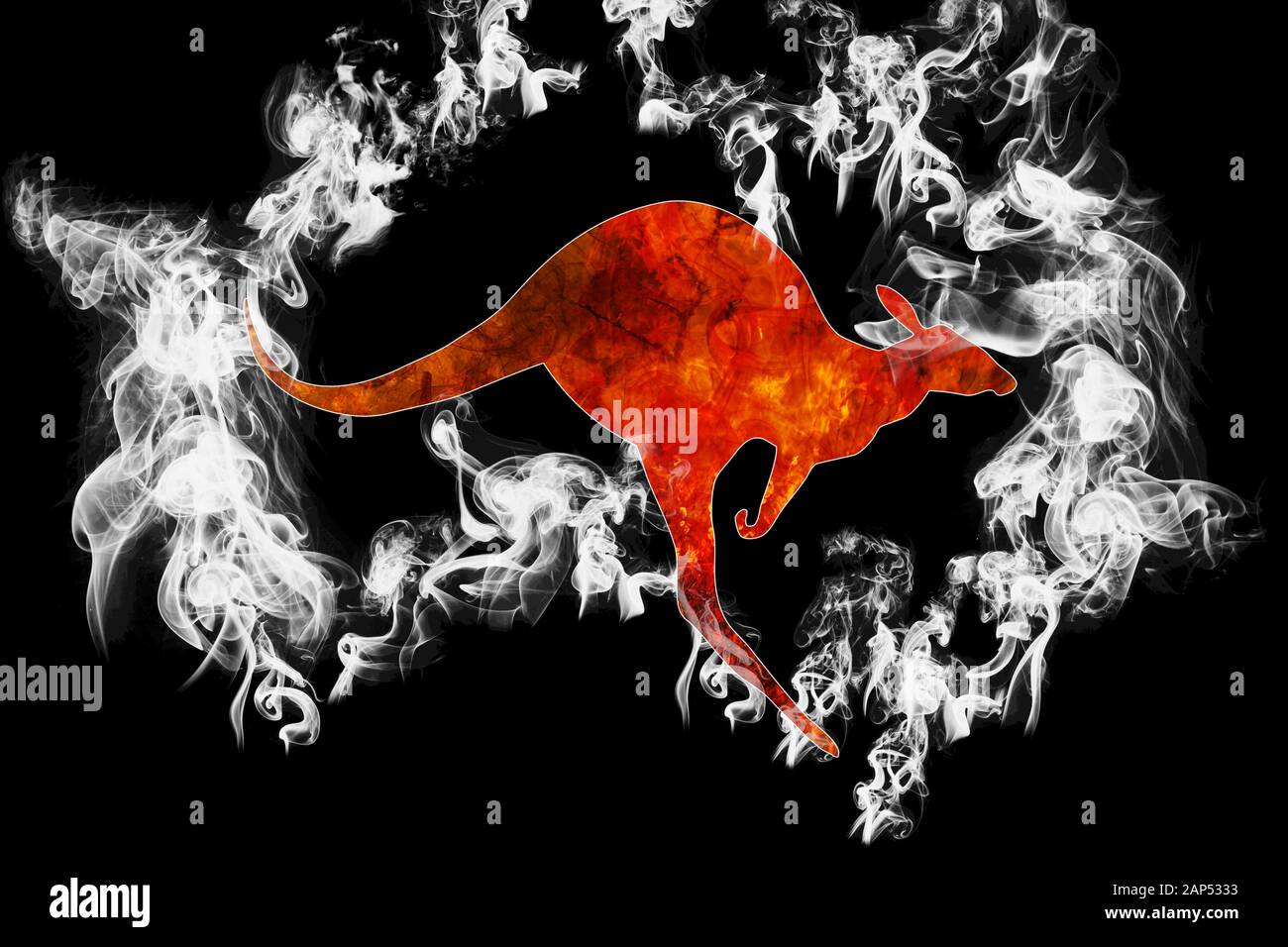 Australia bushfires. Flaming kangaroo acceso circondato da silhouette di Australia Mappa fatta di fumo. Conceptual: salvare i canguri, il riscaldamento globale Foto Stock