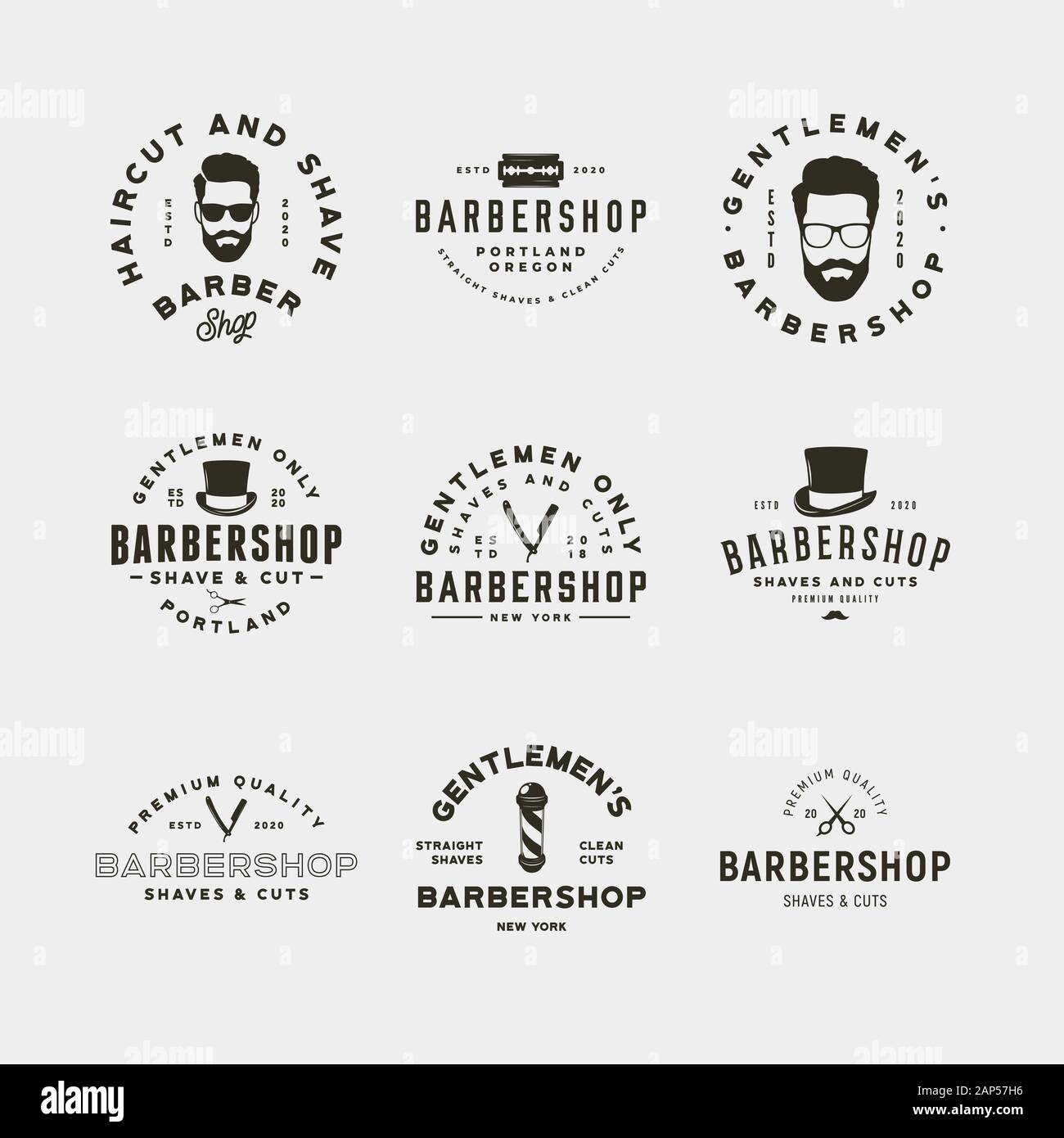 Set di barberia vintage logo in stile retrò parrucchiere emblemi, stemmi, elementi di design, logotipo modelli. illustrazione vettoriale Illustrazione Vettoriale