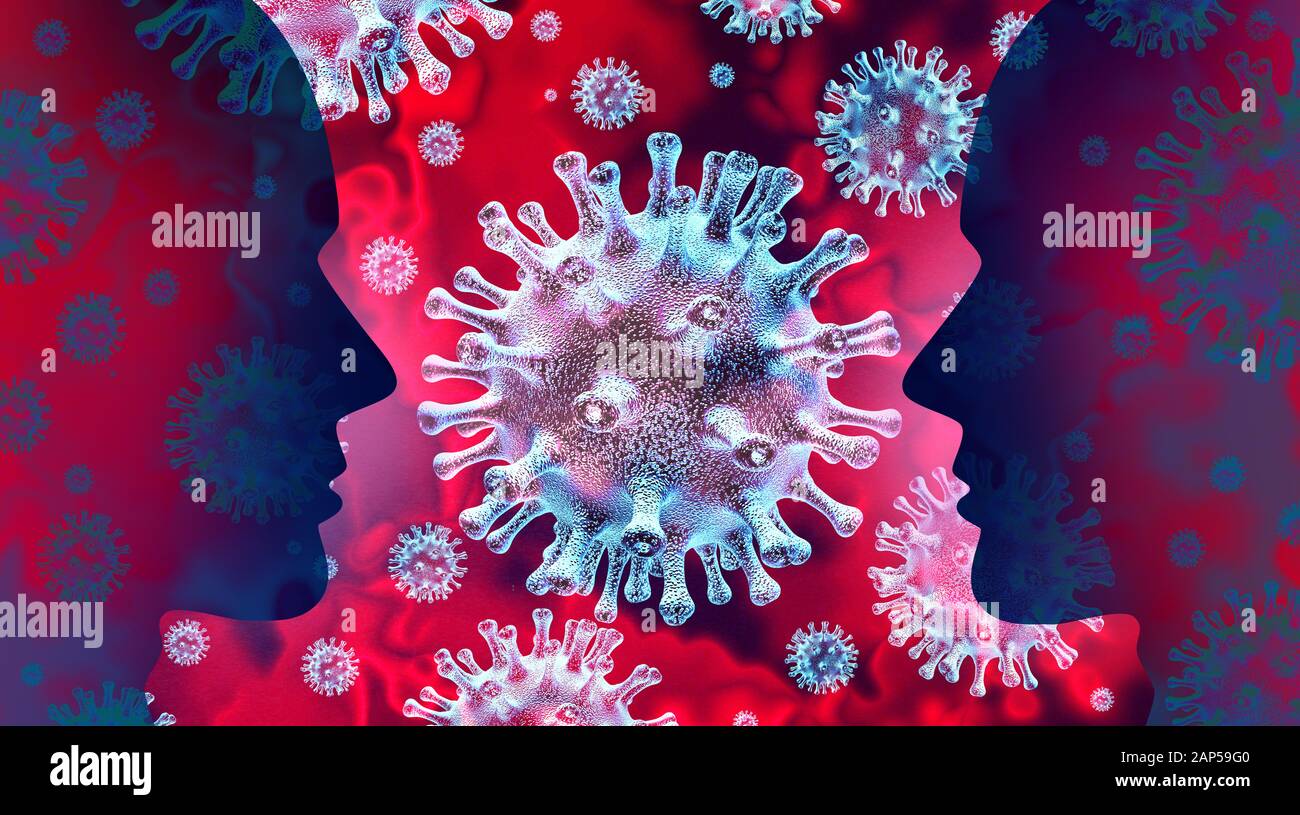 Coronavirus e malattia di epidemia influenzale o coronavirus influenza sullo sfondo come pericolosi ceppo virale caso come una pandemia medico sanitario il concetto di rischio. Foto Stock