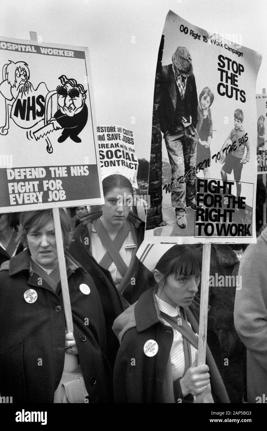 Fermare I Tagli, Lottare per Il Diritto Di Lavorare, Difendere la lotta NHS per Ogni lavoro, rally e marzo 1976 Londra Hyde Park Londra 1970s UK HOMER SYKES Foto Stock