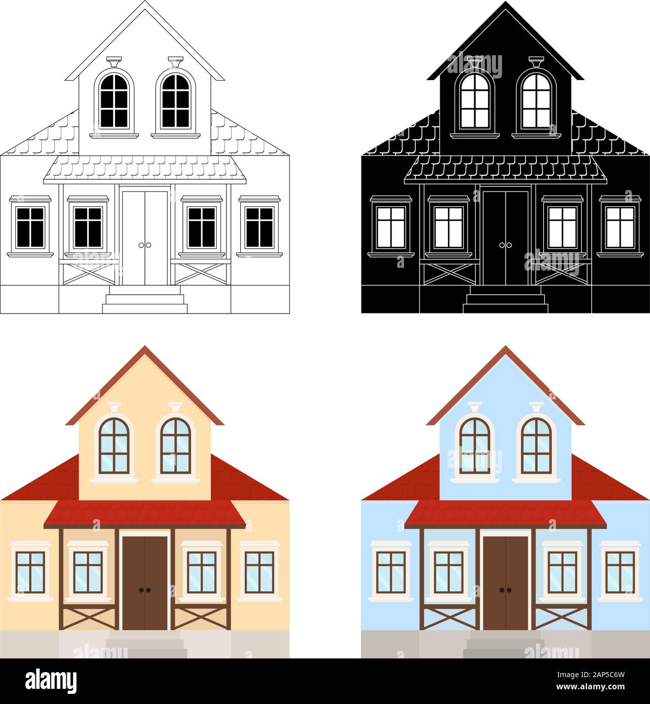 House set. A due piani edificio residenziale con portico. Schizzo e immagini colorate Illustrazione Vettoriale