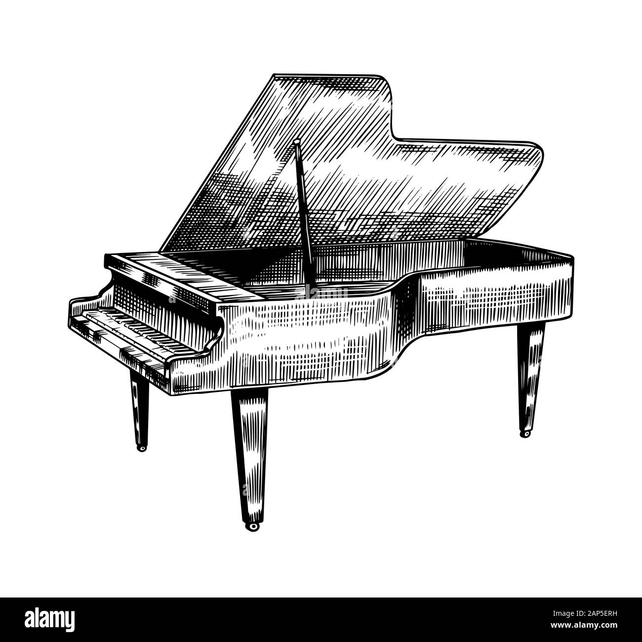 Un pianoforte in monocromia incisi in stile vintage. Mano bozzetto. Musical jazz classica strumento a tastiera. Illustrazione Vettoriale
