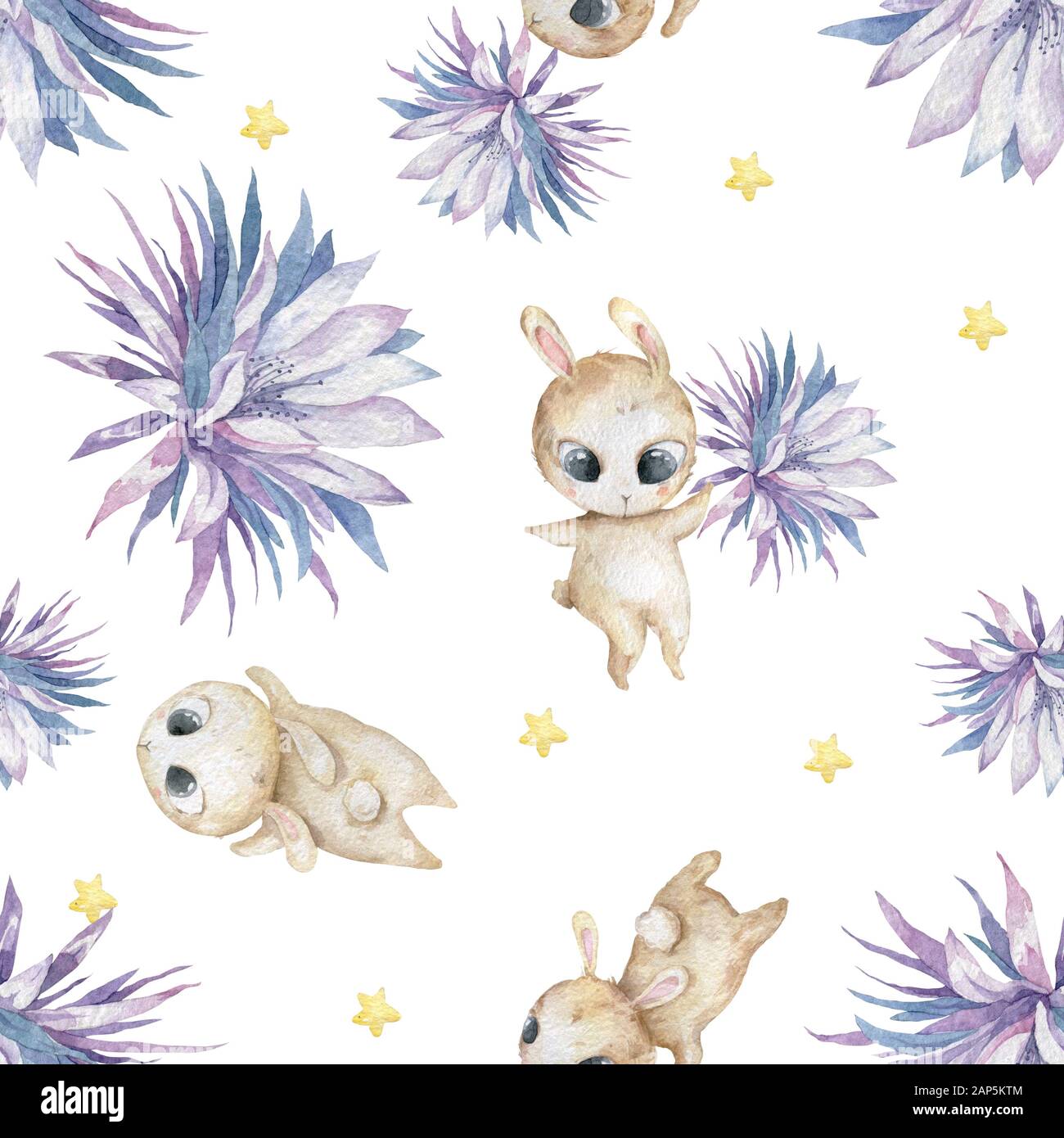 Disegno di motivo senza giunture di Pasqua con coniglietti cute acquerello illustrazione colorata con fiori blu e coniglietto su sfondo bianco. Clip per bambini Foto Stock