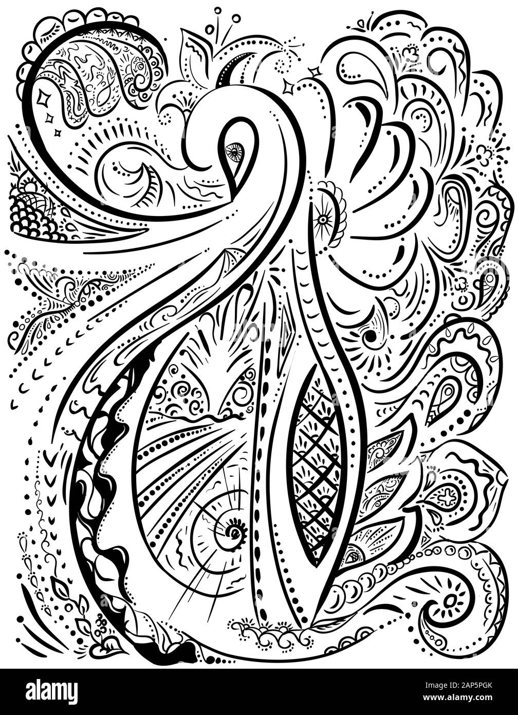 Doodle in bianco e nero abstract disegnati a mano sfondo per libro da colorare per adulti. Fantasia, sotto forma di un magico Swan. Illustrazione Vettoriale