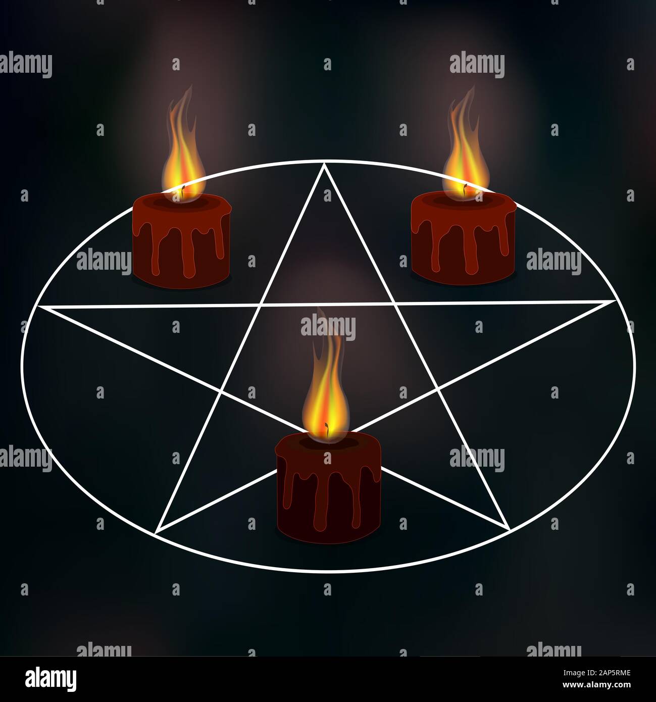 Magia e esoterismo. Fortune-telling su rune e mappe .candele, pietre, Pentacles. Libro del destino. Buio, misterioso . vettore. Illustrazione Vettoriale