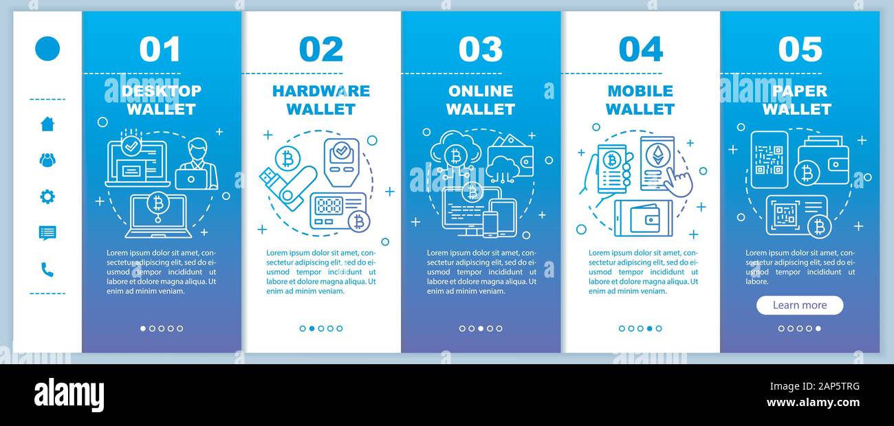Portafogli Cryptocurrency tipi di onboarding pagine web mobile template vettoriale. Bitcoin elettronico di transazioni in valuta. Reattivo sito Web dello smartphone inte Illustrazione Vettoriale