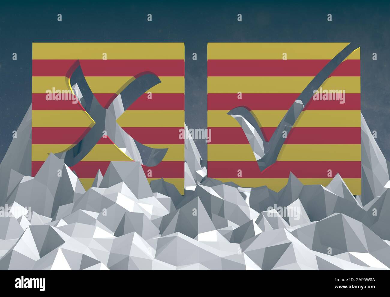 bandiera nazionale della catalogna textured voto sul basso paesaggio poly Foto Stock