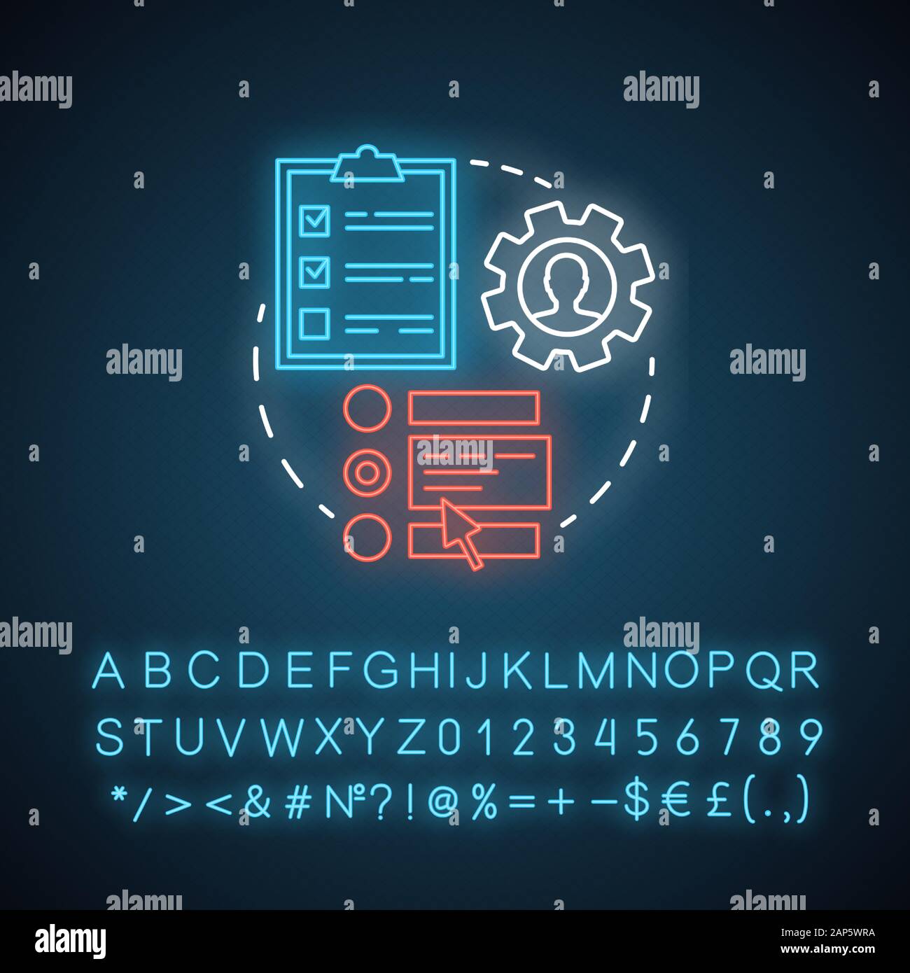 Elenco delle prescrizioni di luce al neon concetto icona. Online medicina strumento organizzatore idea. Segno incandescente con alfabeto, numeri e simboli. Medicati quotidiana Illustrazione Vettoriale