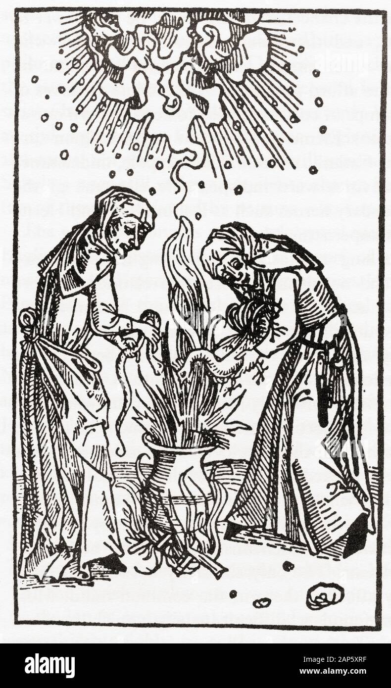 Inglese del secolo XVI streghe, visto qui cercando di influenzare le condizioni meteo. Foto Stock