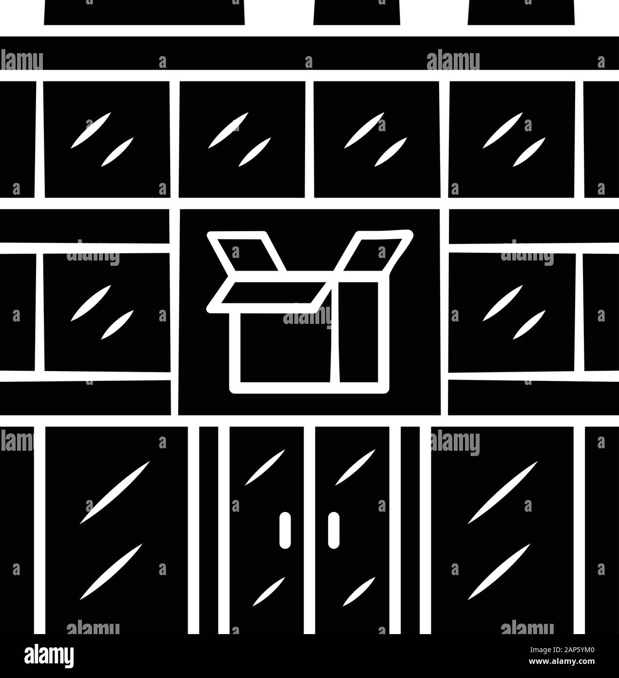 Post office edificio icona glyph. Postali Servizi di magazzino. Ufficio per la consegna. Per la spedizione. Servizio di spedizione. Pacco di storage. Simbolo di Silhouette. Ne Illustrazione Vettoriale
