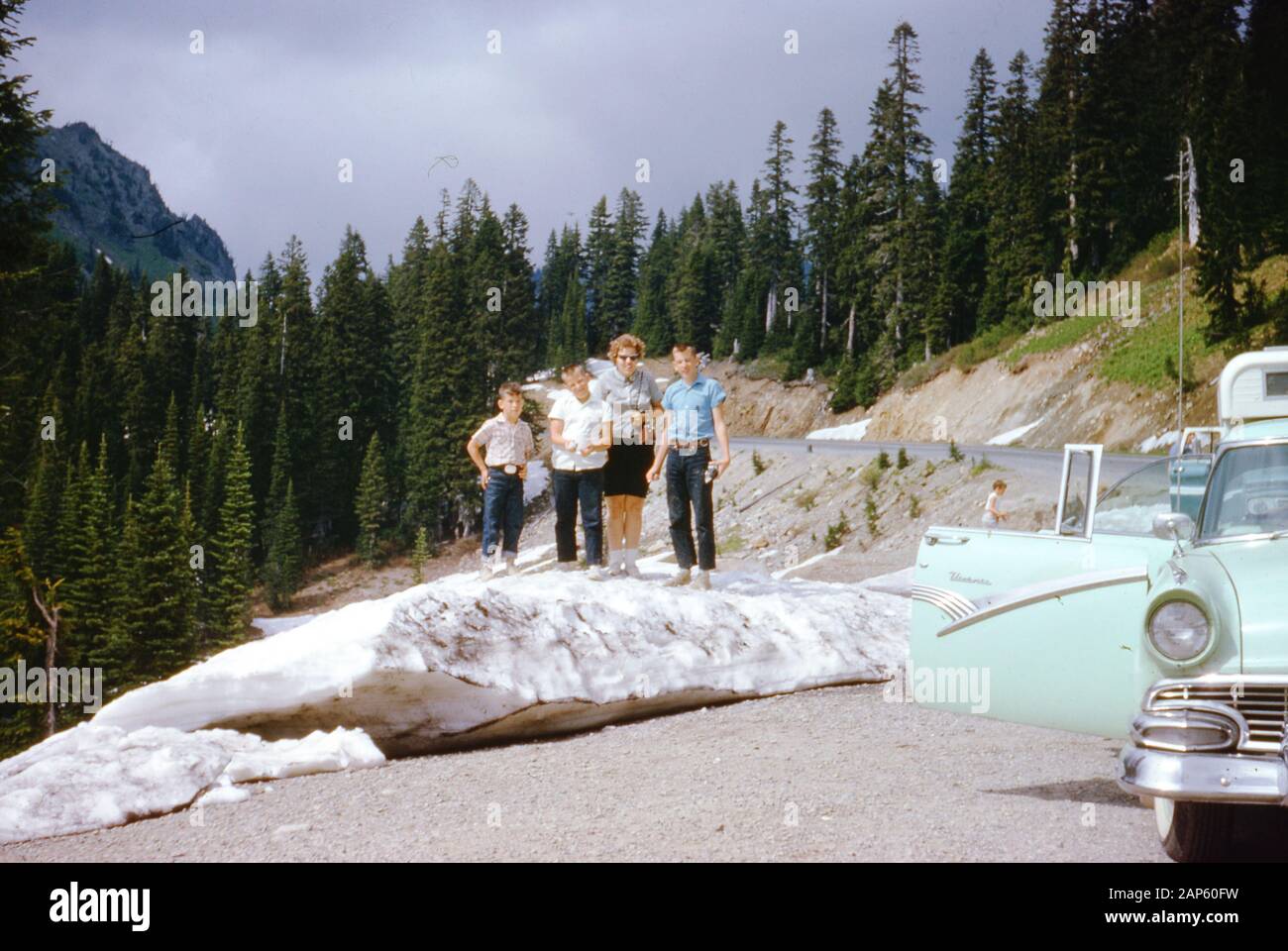Una famiglia di turisti americani si erge e posa su una roccia accanto alla strada nel Parco Nazionale Acadia, Mount Desert Island, Maine, con la loro berlina verde calce parzialmente visibile in primo piano, 1959. () Foto Stock