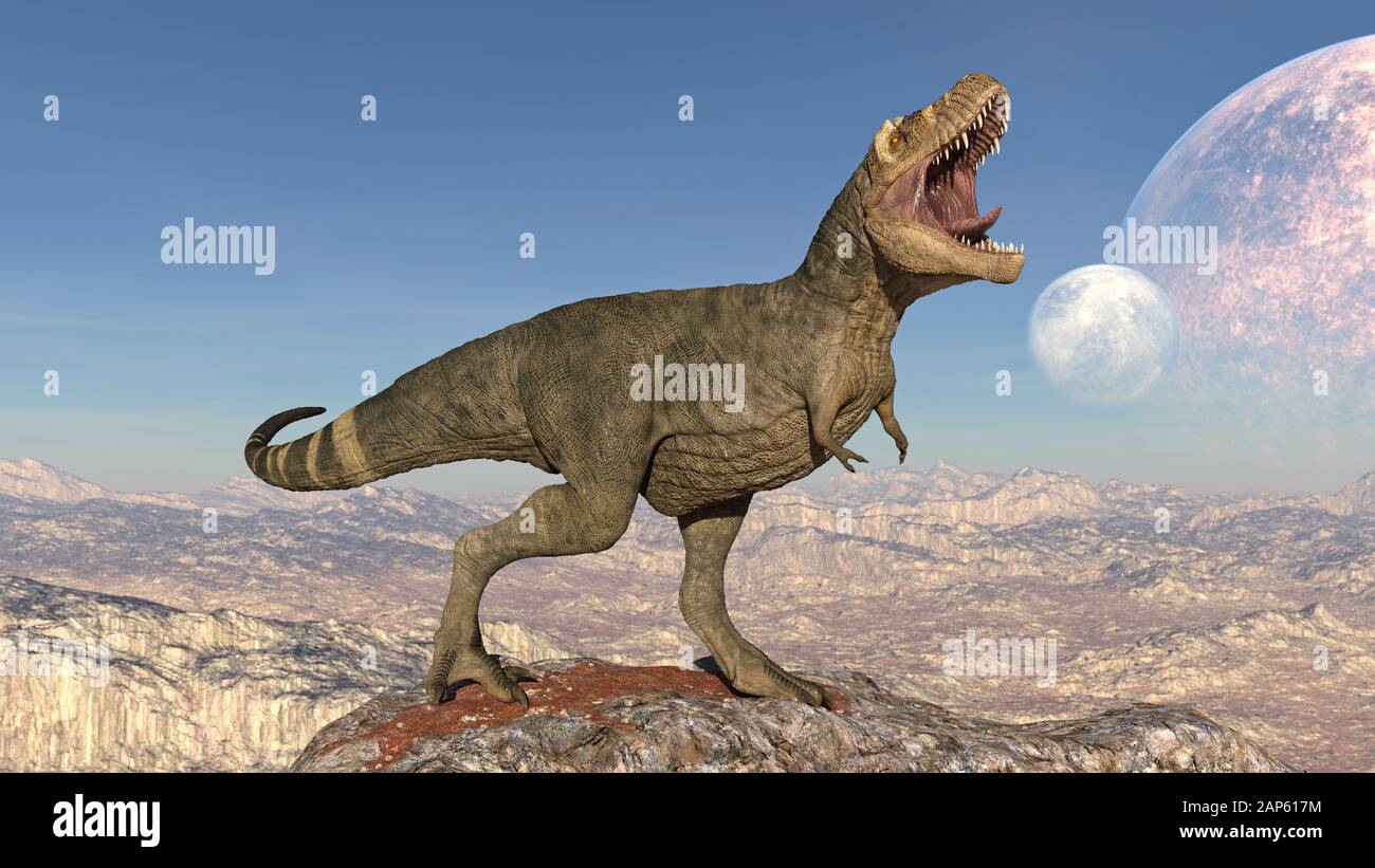 T-Rex Dinosaur, tirannosaurus Rex rettile ruggente, preistorico animale giurassico in ambiente natura deserta, illustrazione 3D Foto Stock