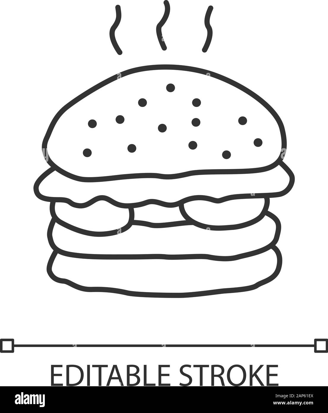 Deliziosi burger icona lineare. Gustoso hamburger linea sottile illustrazione. Nutrizione malsana, nocivi mangiare, servizio di asporto Simbolo di contorno. Il fast food Illustrazione Vettoriale