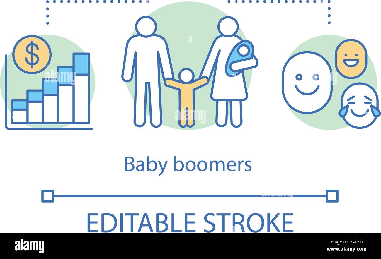 Baby Boomer concetto icona. Investire nel futuro dei bambini. Benessere familiare. Il sostegno dello Stato per grandi famiglie idea sottile linea illustrazione. Vector isola Illustrazione Vettoriale