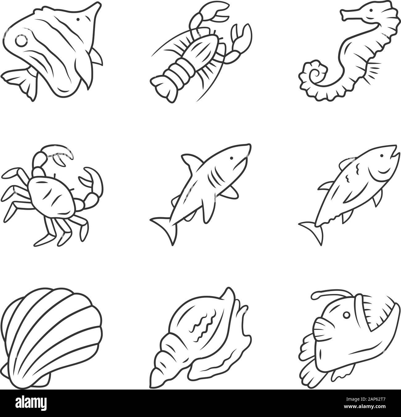 Animali marini lineare set di icone. Nuoto shark, rana pescatrice, butterflyfish. Creatura sottomarina. Organismi acquatici. Linea sottile simboli di contorno. Isolato Illustrazione Vettoriale