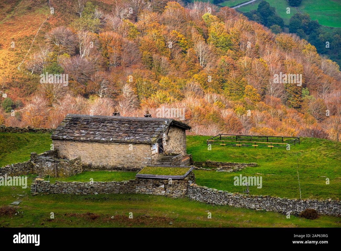 Montagne Cantabrici. Spagna settentrionale, case coloniche tradizionali. Foto Stock