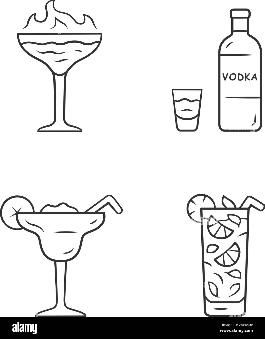 Bevande lineare set di icone. Flaming shot, Margarita, mojito, vodka. Bicchieri con bevande, bottiglia. Miscele e soft drink. Linea sottile simboli di contorno. Isol. Illustrazione Vettoriale