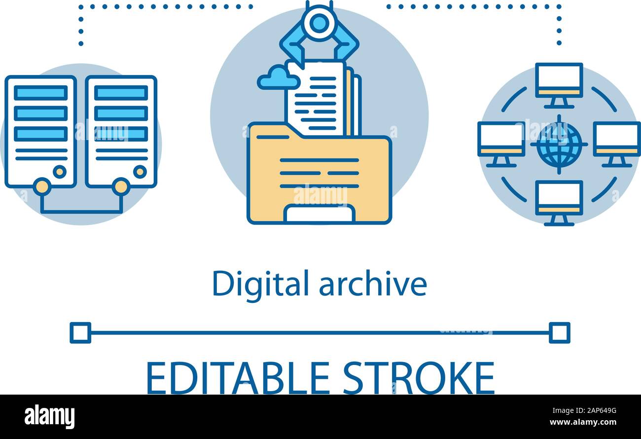 Archivio digitale concetto icona. Il contenuto di Internet hosting idea sottile linea illustrazione. Rete di server con le librerie multimediali. Database e storage dei dati. V Illustrazione Vettoriale