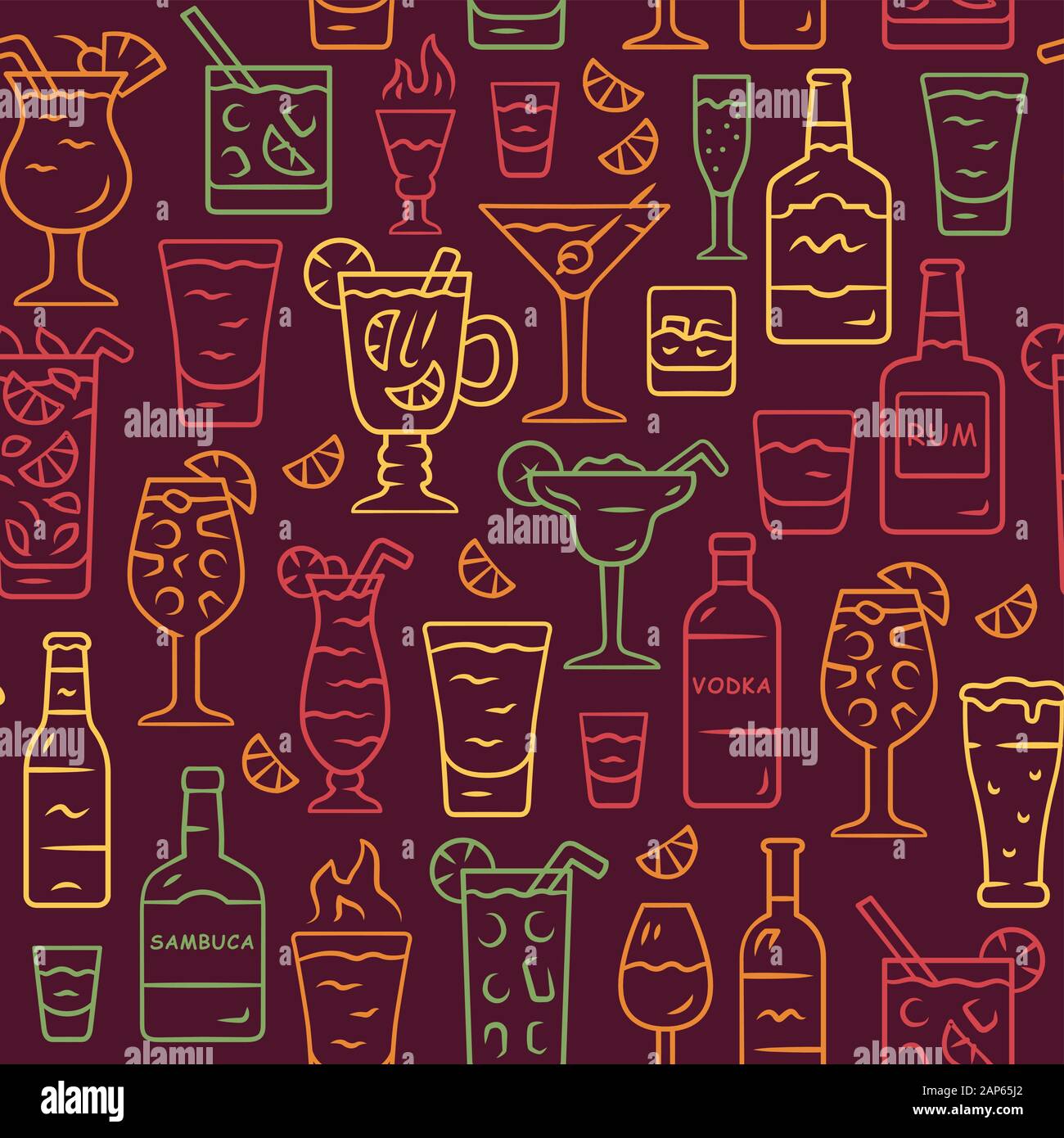 Vettore di bevande seamless pattern. Bevande alcoliche dello sfondo. Brown  texture con disegnati a mano le icone a colori. Rom, vodka, sambuca,  limonata. Bottiglie e gl Immagine e Vettoriale - Alamy