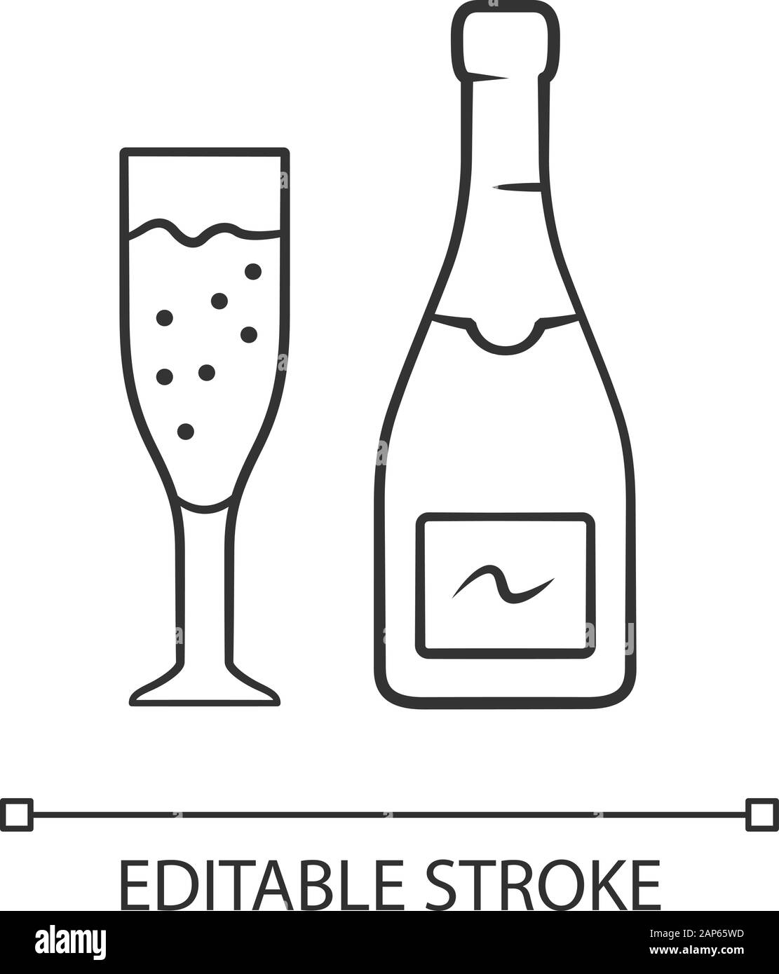 Champagne icona lineare. Stappare la bottiglia, flauto bicchiere di vino spumante. Champagne. Anniversario, compleanno drink. Linea sottile illustrazione. Simbolo di contorno. Illustrazione Vettoriale