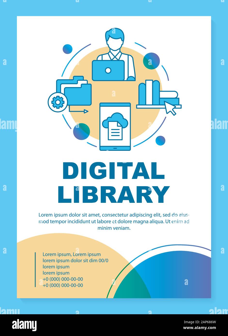 Biblioteca digitale modello poster layout. Banner, opuscoli, depliant stampa design lineare con le icone. Online e-biblioteca. Web app per la lettura. Brochur vettore Illustrazione Vettoriale