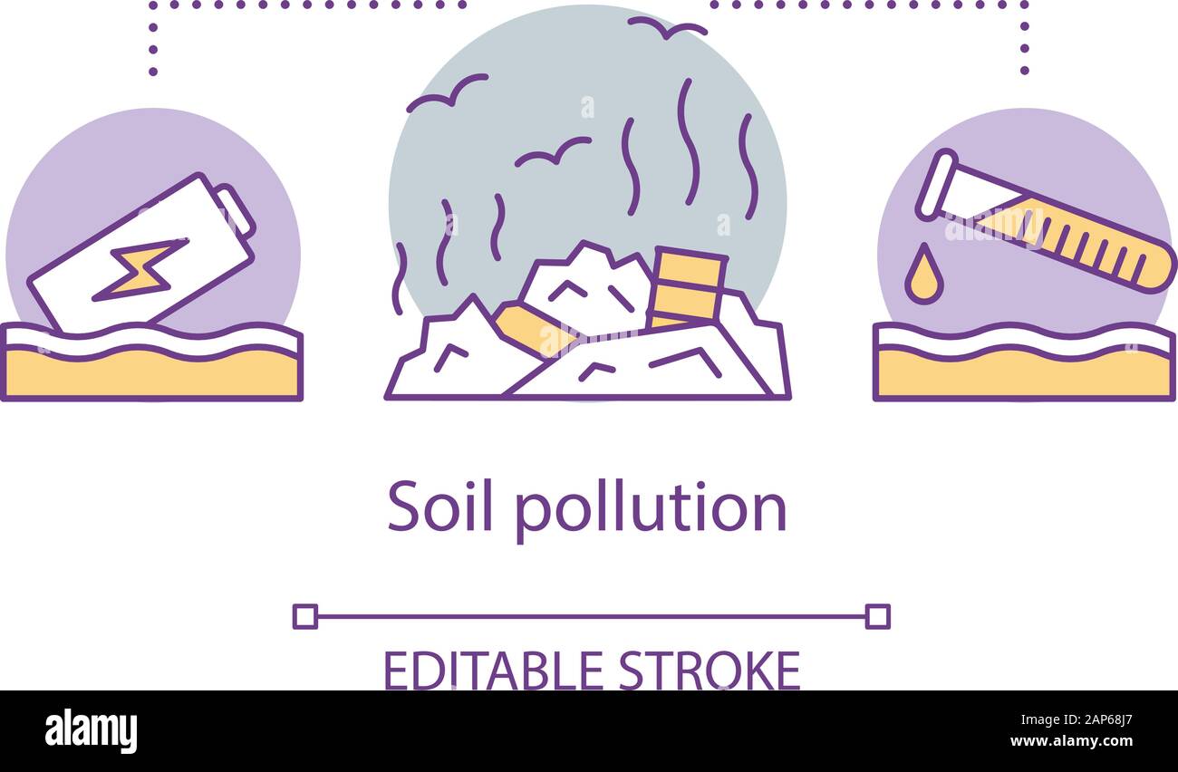 Inquinamento del suolo concetto icona. Il degrado dei terreni. Discarica incontrollata e discariche. La contaminazione dei rifiuti. Problema Eco idea sottile linea illustrazione. Illustrazione Vettoriale