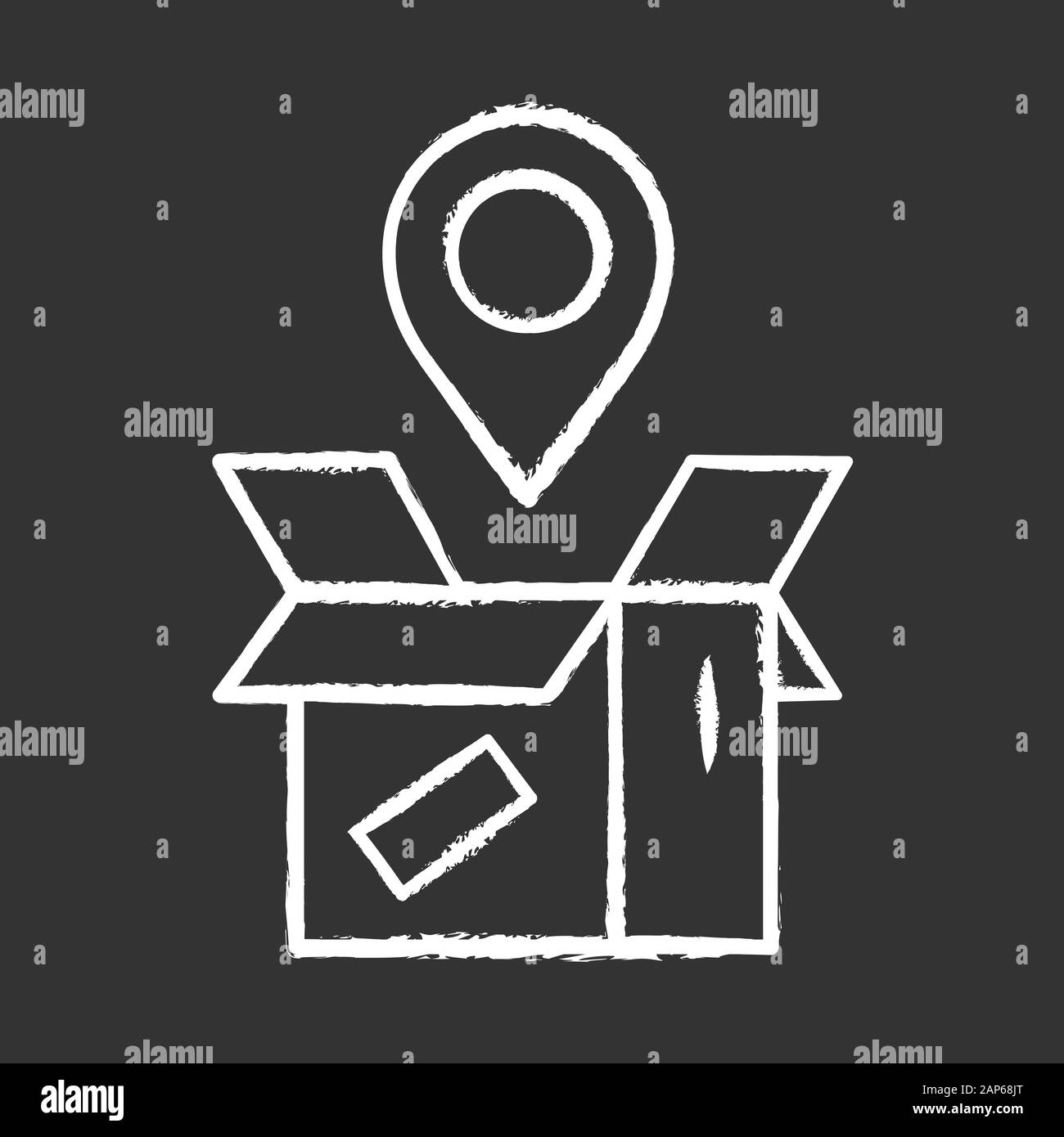 Tracking dei pacchi chalk icona. Posizione del pacchetto di monitoraggio. Ordine Postale stato tracking e tracing. Servizio di consegna a domicilio. Scatola di cartone con mappa pin. Isola Illustrazione Vettoriale