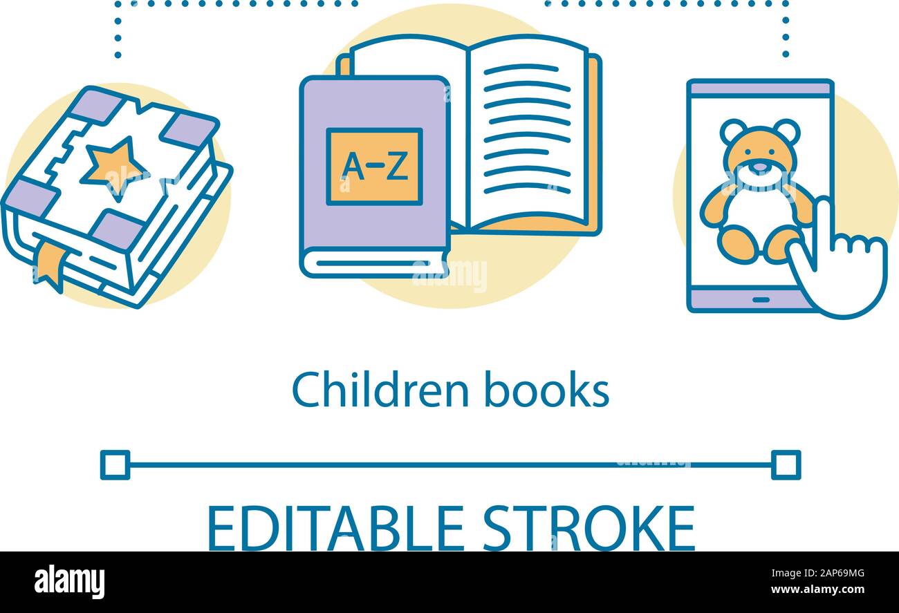Libri per bambini concetto icona. La letteratura per bambini idea sottile linea illustrazione. Favole, libri illustrati con foto. Istruzione prescolare esercita. Vect Illustrazione Vettoriale