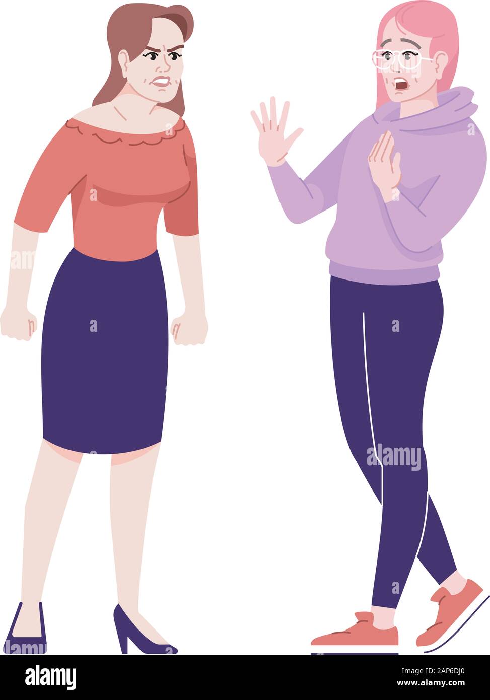 Le donne sostenendo piatta illustrazione vettoriale. Litigare amiche. Rabbia e paura. Due amici avente conflitto emotivo, controversia isolato i personaggi dei cartoni animati Illustrazione Vettoriale