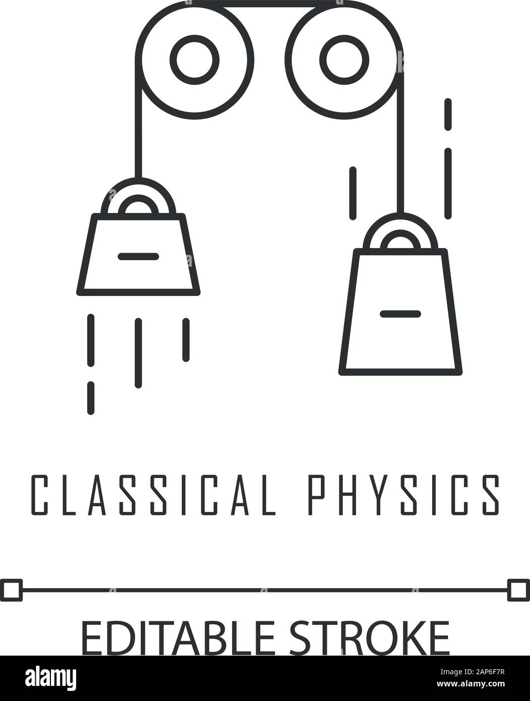 Fisica classica icona lineare. Le leggi di moto e di gravitazione. Cinematica teorico esperimento fisico. Linea sottile illustrazione. Simbolo di contorno. Vec Illustrazione Vettoriale