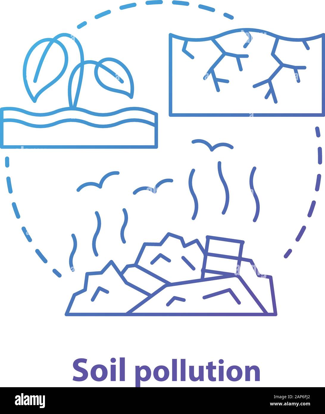 Inquinamento del suolo concetto icona. Terra di contaminazione dei rifiuti idea sottile linea illustrazione in blu. Uso inefficiente delle risorse naturali. Discariche di rifiuti Illustrazione Vettoriale