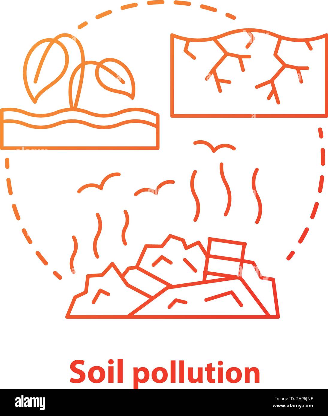 Inquinamento del suolo concetto icona. Terra di contaminazione dei rifiuti idea sottile linea illustrazione in rosso. Uso inefficiente delle risorse naturali. Discariche di rifiuti Illustrazione Vettoriale