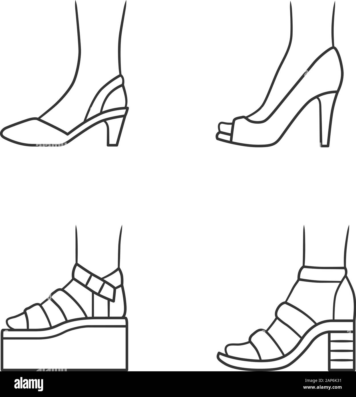 Donne scarpe estive lineare set di icone. Femmina formale elegante e calzature casual. Piattaforma di elegante e sandali. Corsa modificabile. Linea sottile symbo contorno Illustrazione Vettoriale