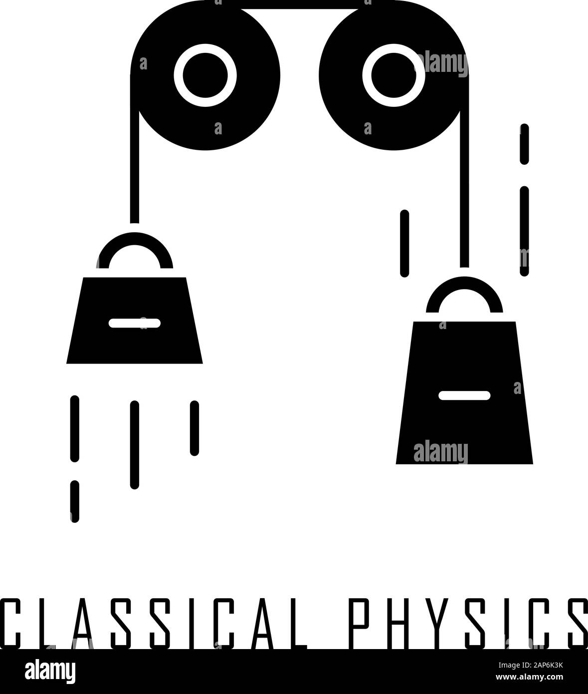 Fisica classica icona glyph. Le leggi di moto e di gravitazione. Energia meccanica ricerca. Cinematica teorico esperimento fisico. Silhouette symbo Illustrazione Vettoriale