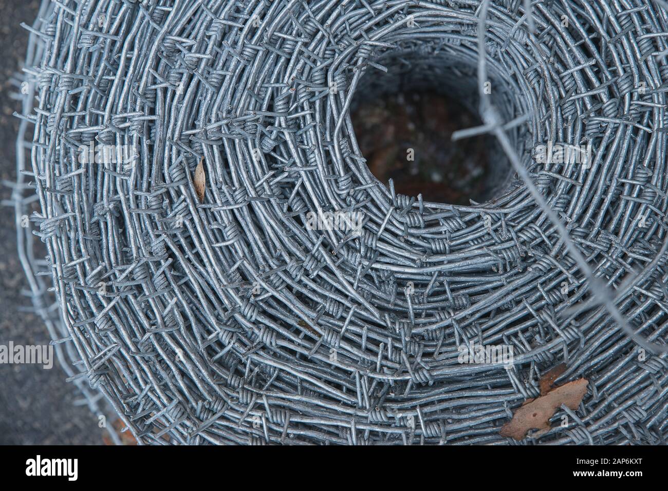 Primo piano su un rotolo di pile di nuovo filo spinato lucido per recinzione recinto. Protezione della sicurezza applicazione della legge. Carcere reato penale bloccato. Foto Stock