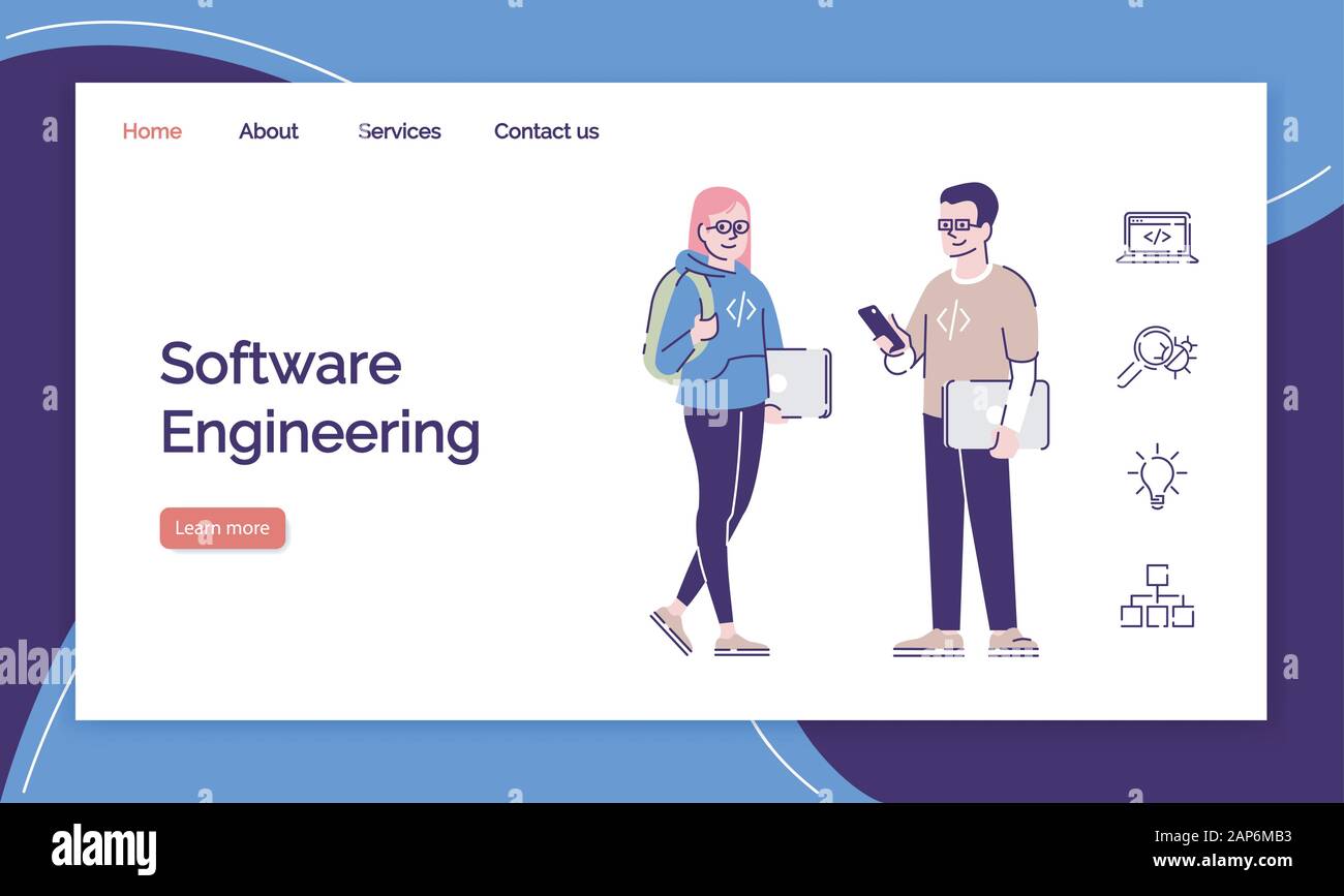 Ingegneria del Software landing page template vettoriale. La programmazione e la codifica di interfaccia del sito web idea con piatto illustrazioni. Corsi di programmatore homepage Illustrazione Vettoriale