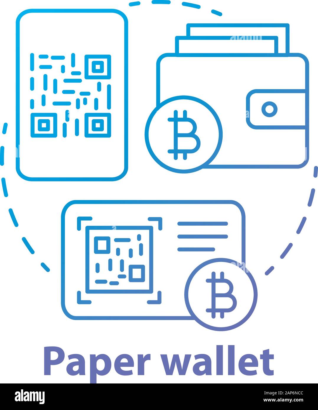 Carta blu portafoglio concetto icona. Bitcoin la memorizzazione offline idea sottile linea illustrazione. Copia il codice QR, Chiave privata su carta. Transazione Cryptocurrency Illustrazione Vettoriale