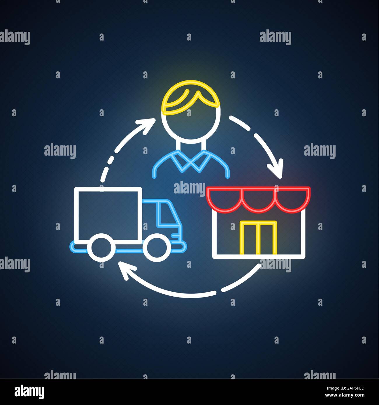 Dropshipping luci al neon icona. Goccia di spedizione. Ordine e consegna del prodotto al cliente. Trasporto merci. Segno incandescente con alfabeto, numeri e sym Illustrazione Vettoriale