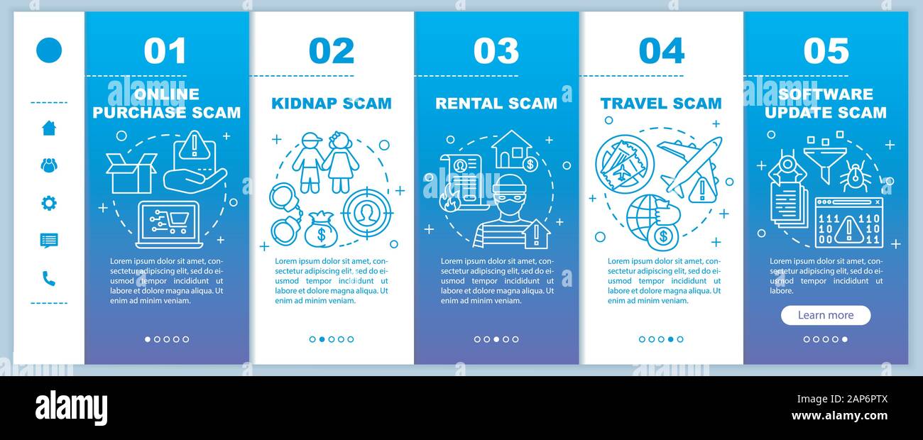 I tipi di truffa di onboarding pagine web mobile template vettoriale. Smartphone reattiva interfaccia del sito web di idea con illustrazioni lineare. Rapire e noleggio truffa Illustrazione Vettoriale