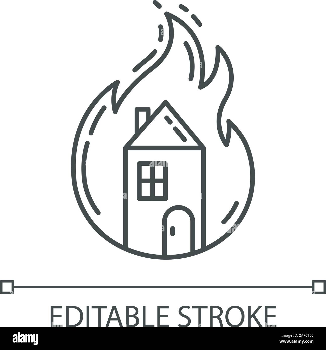 House on Fire icona lineare. Edificio in fiamme. Incendio doloso di proprietà. Home combustione. Caso assicurativo. Linea sottile illustrazione. Simbolo di contorno. Isolat di vettore Illustrazione Vettoriale