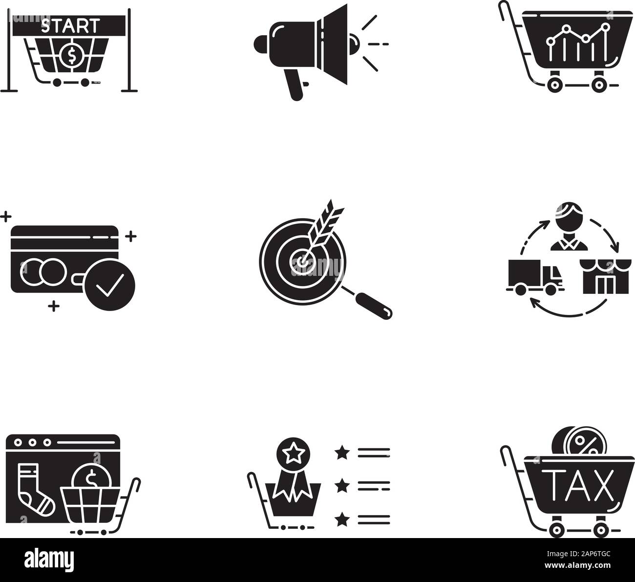 E commerce venditore glifo set di icone. Shopping online. Internet trading. Ricerca di marketing. Internet business dello store. La promozione del prodotto e di aumentare le vendite. Illustrazione Vettoriale