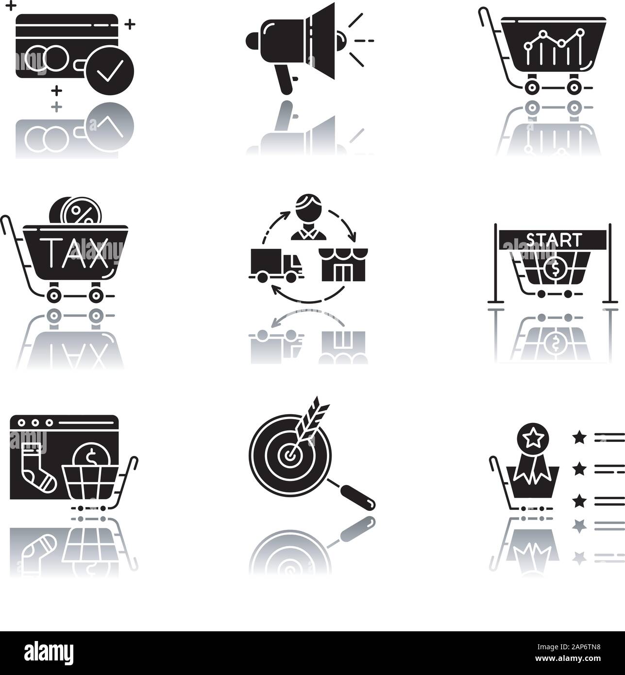 E commerce venditore drop shadow black glifo set di icone. Shopping online. Internet trading. Ricerca di marketing. Internet business dello store. La promozione del prodotto Illustrazione Vettoriale