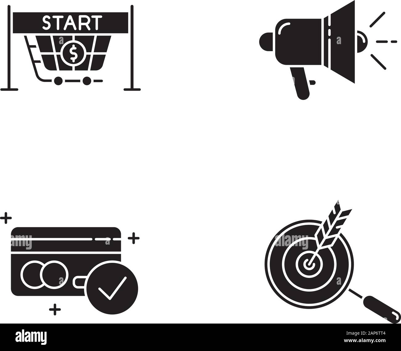 E commerce venditore glifo set di icone. La promozione del prodotto, il cliente attrazione. Avvia la vendita, strumenti promozionali, accettare pagamenti, scegliere nicchia. Silhouette Illustrazione Vettoriale