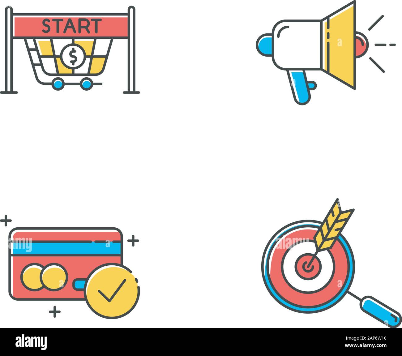 E commerce venditore colore rosso set di icone. Campagna di marketing plan. La promozione del prodotto, il cliente attrazione. Avvia la vendita, strumenti promozionali, accettare payme Illustrazione Vettoriale