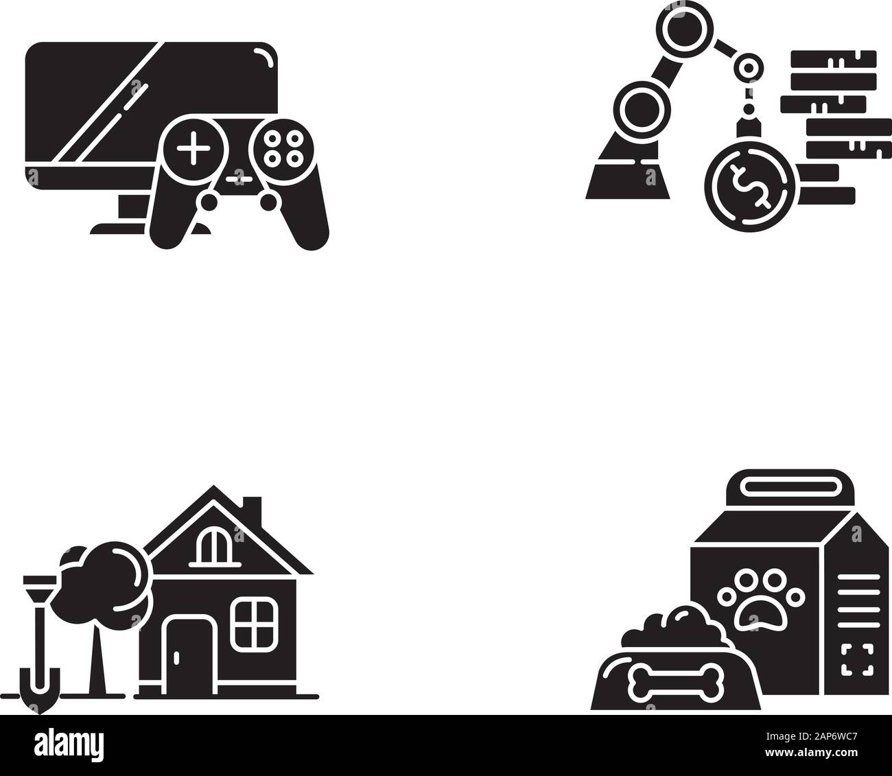 E commerce reparti glifo set di icone. Shopping online. Categorie di commercio al dettaglio. Materiali di consumo di PET. La casa e il giardino. Commerciale e Industriale. Giochi e console Illustrazione Vettoriale