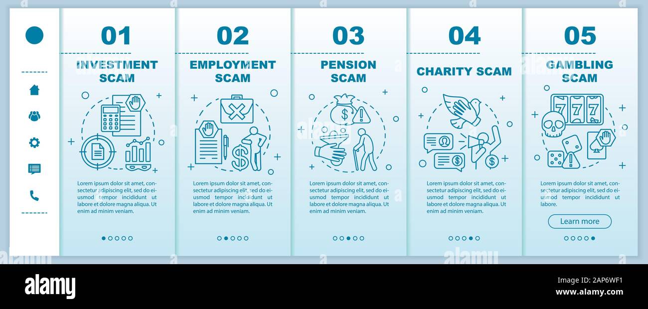 I tipi di truffa di onboarding pagine web mobile template vettoriale. Smartphone reattiva interfaccia del sito web di idea con illustrazioni lineare. Truffa dell'occupazione. Webpa Illustrazione Vettoriale