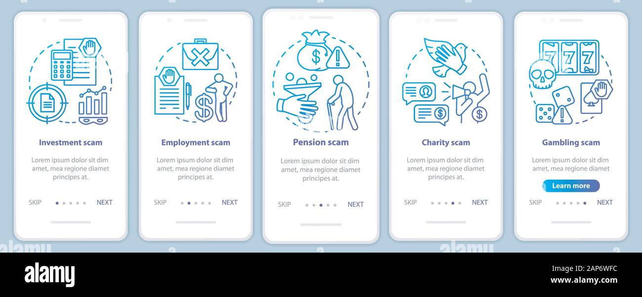 I tipi di truffa di onboarding mobile app schermo pagina template vettoriale. Investimenti e occupazione la frode. Procedura dettagliata sito passaggi lineari con illustrazioni. UX Illustrazione Vettoriale